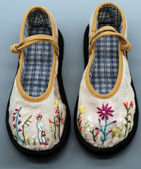 Linen Fabric Animal Embroidery Splicing Buckle Strap Flat Shoes