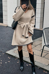 Loose-fitting Long-sleeved Tie-waist Knit Mini Dress