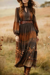 Hollowed-out Round Neck Long Sleeve Fitted Waist Midi Dress