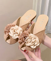 Khaki Suede Floral Splicing Slide Sandals