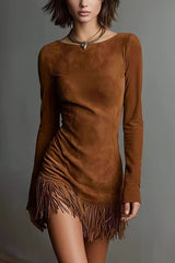 Suede Round Neck Long Sleeve Slim Fit Tassel Mini Dress