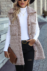Lapel Sleeveless Pocket Loose Casual Long Vest Coat
