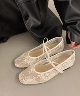 Beige Breathable Mesh Embroidered Flats Splicing Bow
