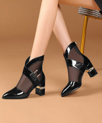 Mulberry Chunky Heel Faux Leather Tulle Splicing Boots