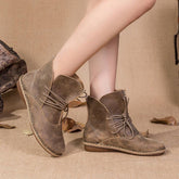 Cross Strap Khaki Cowhide Leather Ankle boots