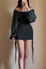 Square Neck Long Sleeve Slim Fit Pleated Tie Mini Dress