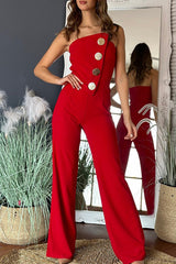 Solid Color Tube Top Gold Button Embellished Bootcut Jumpsuit