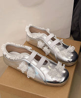 Lace Splicing Flat Shoes Silver Faux Leather