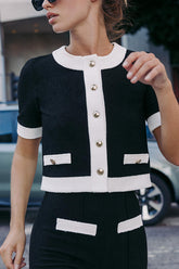 Contrast Color Short-sleeved Button-down Top