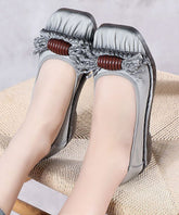 Vintage Grey Cowhide Leather Flat Shoes Splicing Flat Shoes