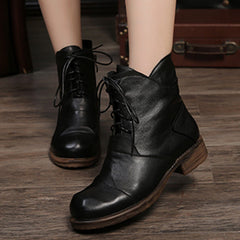 Cozy Lace Up Leather Chunky Heels Martin Boots