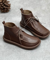 Retro Lace Up Boots Coffee Fuzzy Wool Lined Cowhide Leather