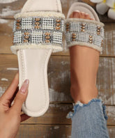 Beautiful Nail Bead Splicing White Faux Leather Slide Sandals