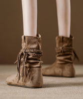 Khaki Tassel Wrinkled Splicing Bohemian Suede Boots