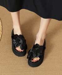 Black Platform Faux Leather Floral Splicing Slide Sandals