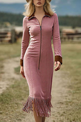 Suede Zipper Long-sleeved Fringed Hem Slim-fit Midi Dress