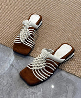 Beige Cowhide Leather Splicing Hollow Out Slide Sandals Peep Toe