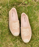Apricot Suede Embroidered Splicing Loafer Shoes