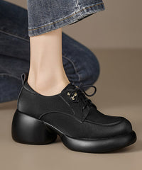 Beige Cowhide Leather Splicing Chunky Loafer Shoes Lace Up