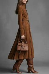 Suede Long-sleeved Fitted Waist Belted Midi Dress