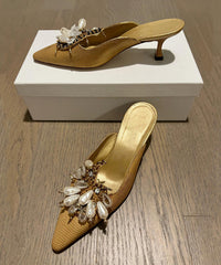Golden Slide Sandals French Pointed Toe Bead Decorated
