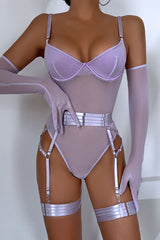 See-through Mesh Suspender Bodysuit and Glove Straps Three-piece Set