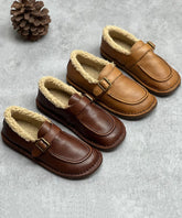 Coffee Flat Shoes For Cowhide Leather Casual Fuzzy Wool Lined Flat Shoes For Women