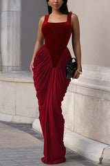 Velvet Patchwork Square Neck Sleeveless Draped Maxi Dress