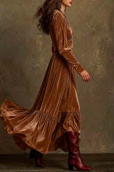 Velvet V-neck Long-sleeved High-waisted Maxi Dress