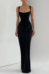 Larrah Square Neck Back Lace-up Satin Drape Hem Maxi Dress