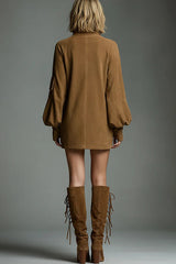 Suede High-Neck Long-Sleeved Casual Pocket Mini Dress