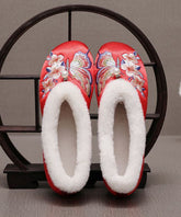 Red Fuzzy Wool Lined Embroidery Flats Shoes