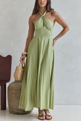 Solid Color Halter Neck Hollowed-out Casual Pleated Holiday Maxi Dress