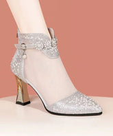 Silver High Heel Tulle Boots Water Diamond Pointed Head