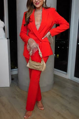 Luxe Lifestyle Single Button Lapel Blazer and Elastic Waist Pocketed Straight Suit Pants Set