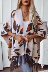 Leopard Print Contrast Tassel Hem Loose Knitted Shawl