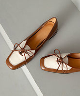 Original Design Brown Cowhide Leather Lace Up Splicing Flats