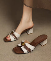 Classy Splicing Chunky Beige Cowhide Leather Slide Sandals