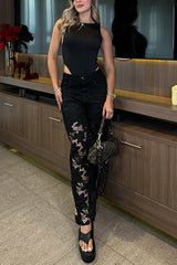 Openwork Lace Patchwork Wide-leg Jeans