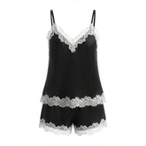 Elegant Morning Satin Lace Trim Halter Tie-up Tank and Elastic Waist Loose Pants Set