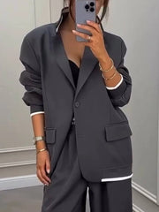 Sports Style Ribbed Colorblock Lapel Blazer and Elastic Waist Pocket Loose Pants Set