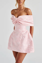 Raquel Floral Jacquard Oversized Off The Shoulder Bow Detail Mini Dress