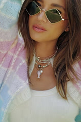 Palette Day Knit Color Blocks Open Front Balloon Sleeve Loose Cardigan