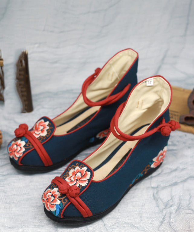 Blue High Wedge Heels Shoes Wedge Embroideried Comfy Cotton Fabric Buckle Strap High Wedge Heels Shoes