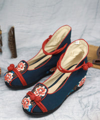 Blue High Wedge Heels Shoes Wedge Embroideried Comfy Cotton Fabric Buckle Strap High Wedge Heels Shoes