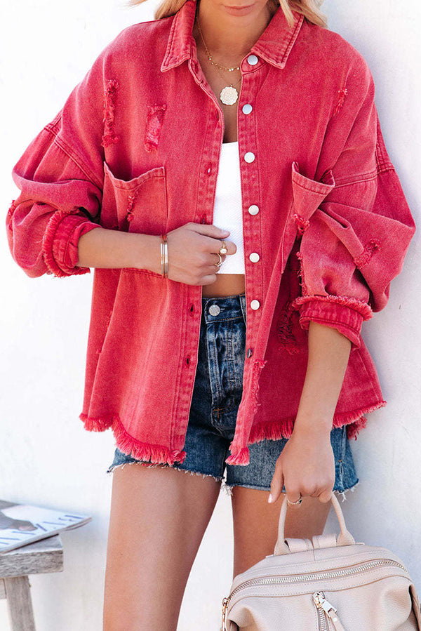 Lapel Long Sleeve Ripped Denim Jacket