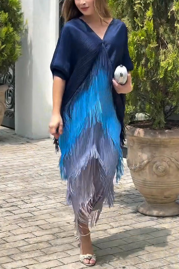 Color-blocked Multi-layered Tassel Loose Midi Dress