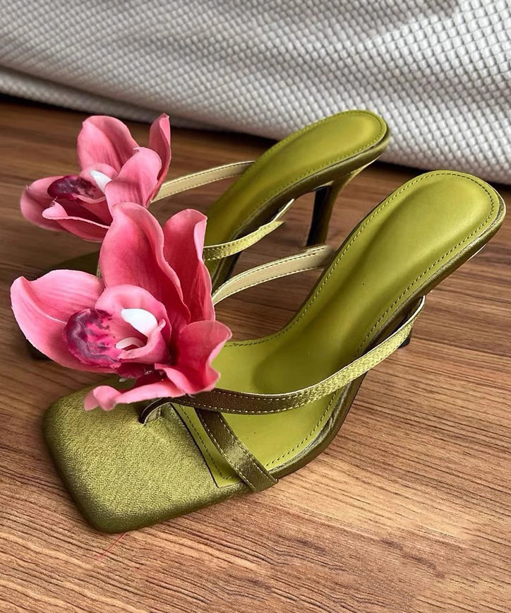 Green Floral Handmade Splicing High Heels Slide Sandals