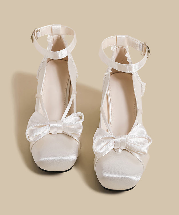 French White Bow Buckle Strap Splicing Satin Chunky Heel Shoes