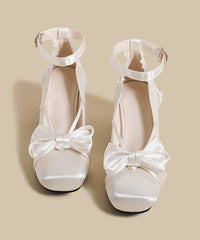 French White Bow Buckle Strap Splicing Satin Chunky Heel Shoes